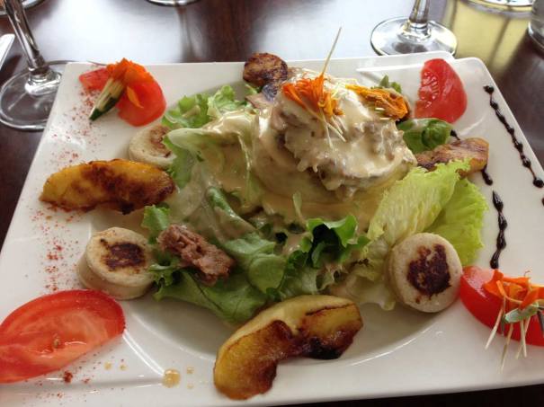 Starter...Coarse pork paté salad served with a warm cheese sauce, normandy apple and a white sausage.