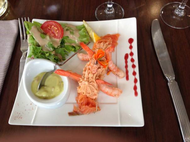 Starter..Salmon paté with prawns and gazpacho