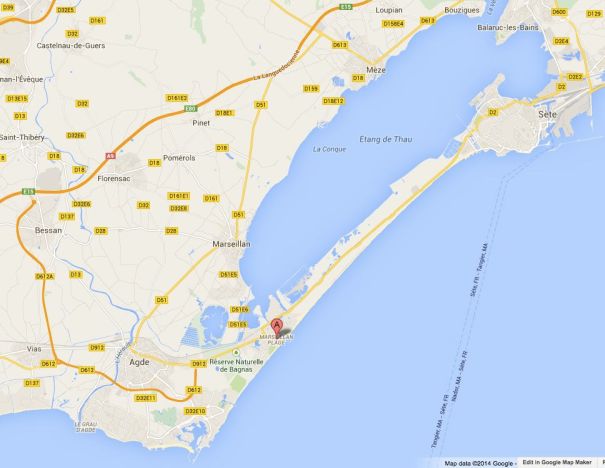Marseillan Plage marked by the 'A'